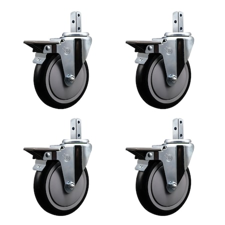 Service Caster 5'' Black Poly Wheel Swivel 3/4'' Square Stem Caster Set with Brake, 4PK SCC-SQ20S514-PPUB-BLK-PLB-34-4